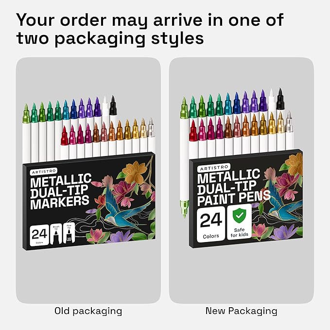 ARTISTRO 24 Metallic Acrylic Paint Markers - Paint Pens for Drawing, Brush + Fine Tips - For Fabric, Rock, Glass, Wood, DIY - Art & Craft Supplies for Adults, Teens, Kids - Teacher Appreciation Gift