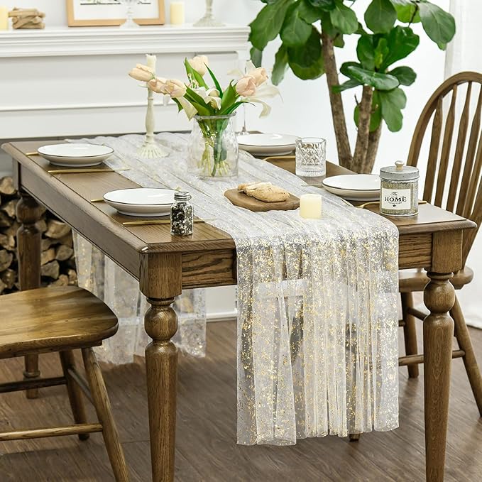 Horaldaily Beige Gold Gauze Tablecloth 52x70 Inch Rectangular, Golden Sequin Glitter Metallic Foil, Sheer Tulle Cheesecloth for Wedding Baby Shower Ceremony Birthday