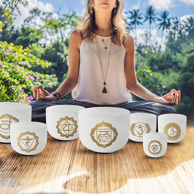 Ryan Dvan 432Hz 7-12 Inch 7 Gold Chakra Design Crystal Singing Bowl Set Frosted Quartz Crystal Sound Therapy Kit with Mallets 2 Cases O-Ring for Yoga Meditation Energy Balancing Reiki Healing