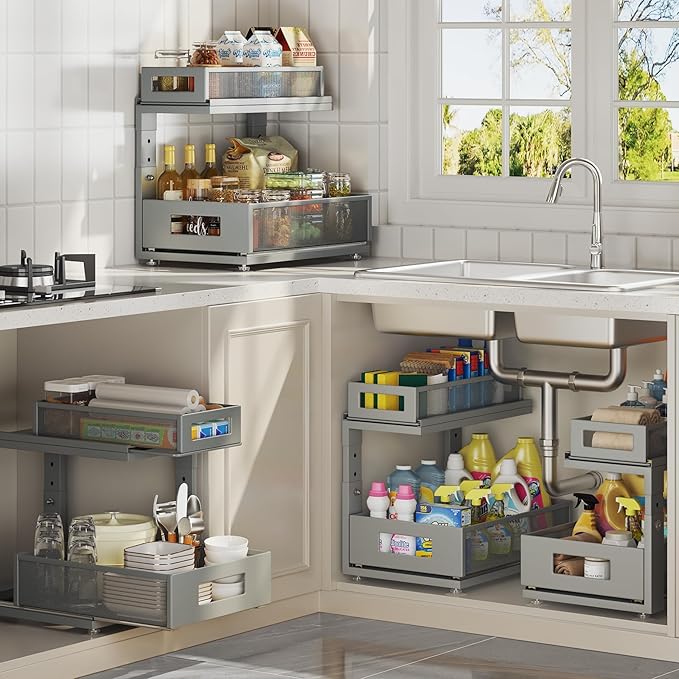 Corbyles 2 Pack 15.74IN-Depth Under Sink Organizer With Next-Gen Ball-Bearing Slides, 2-Tier Pull Out Cabinet Storage, Height Adjustable Drawer Shelf for Bathroom, Kitchen, Laundry, Cabinet, Pantry - Gun Gray