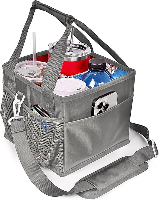 Reusable Drink Carrier with Handle – Tip-Resistant 4 Cup Carrier with Shoulder Strap for Delivery – Insulated, Foldable, Adjustable Dividers – Portable Caddy Tote Bag, Drink Holder for Car