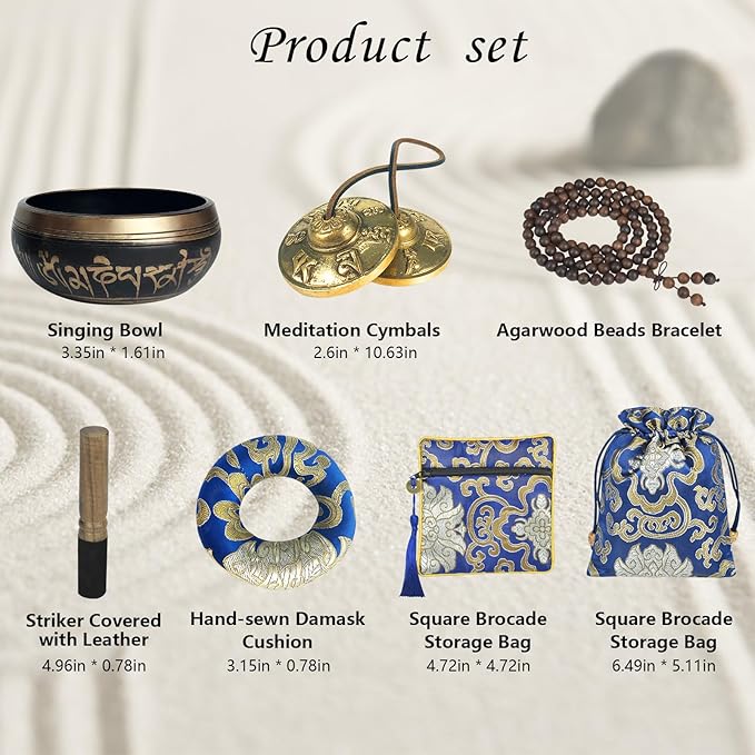 Artcome 7PCS Tibetan Meditation Set - Tibetan Singing Bowl & Tibetan Tingsha Cymbals Bells Handmade in Nepal for Meditation, Yoga, Tranquility, Relaxation, Chakra Healing, Stress Relief & Mindfulness