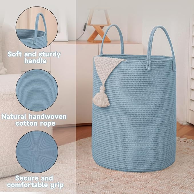 Large Woven Laundry Basket Hamper, 80L Cotton Rope Storage Bin for Blankets, Toys, and Clothes, Decorative Tall Nursery Hamper for Living Room, Baby Nursery, Bathroom, and Bedroom, Blue