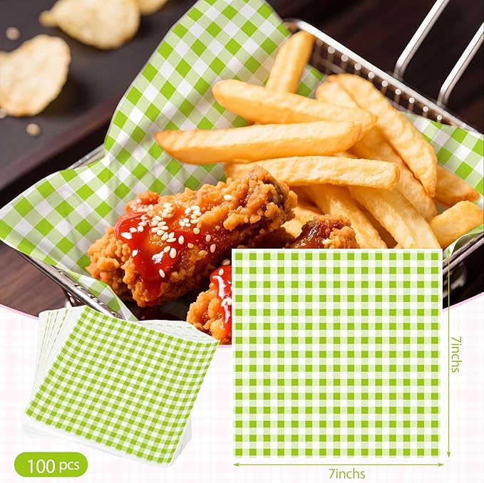 100pcs Waxed Deli Paper Sheets, 7x7" Food Basket Liners for Sandwiches, Burgers. Classic Checkered Deli Wrap Wax Paper Sheets by Neyimqr (Green)