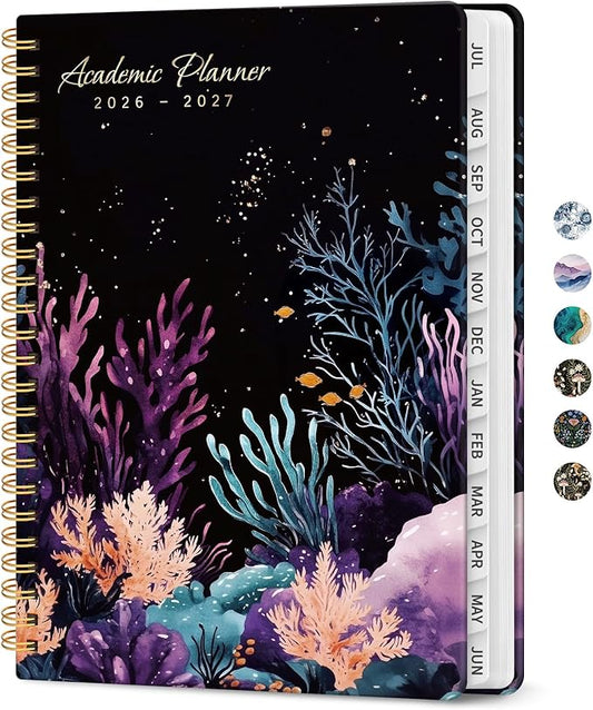 Planner 2026-2027, Academic Monthly and Weekly Calendar Planner for Women, July 2026 - June 2027, Hardcover Pretty Agenda Planner Book with Tabs, Spiral Daily Organizer for School Office Home Supplies, 8.5" x 11" - Coral Dream