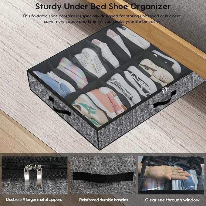 Onlyeasy Sturdy Under Bed Shoe Storage Organizer with Handles and Clear Window, Fits 16 to 32 Pairs, Premium Foldable Shoe Container Box for Closet, 37.7x 23.6x 5.9 inch, Cotton-like Black, MXBUBS16P2