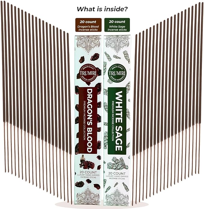 Trumiri Incense Sticks - Combo Pack of 40 Insence-Sticks - 20 Dragons Blood + 20 White Sage - Insenses - Insents - Incents - Inscense - Incence - Incienso - All Natural Incense Sticks