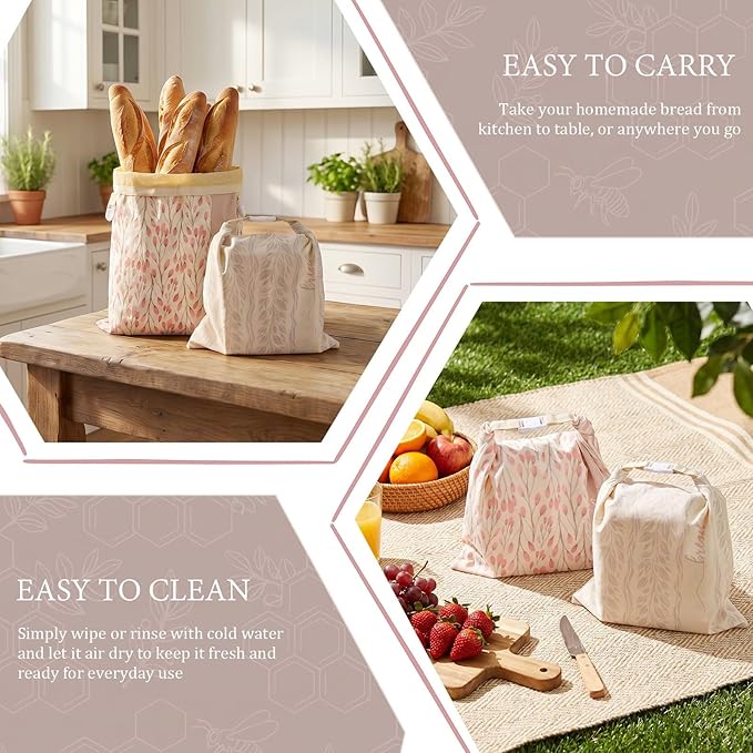 2 Pack Beeswax Sourdough Bread Bags, Large capacity 13x17'' for Homemade, Reusable Organic Beeswax Linen Cotton Bread Storage Bag with Lock Closure, Keeps Fresh, Homesteading Essentials