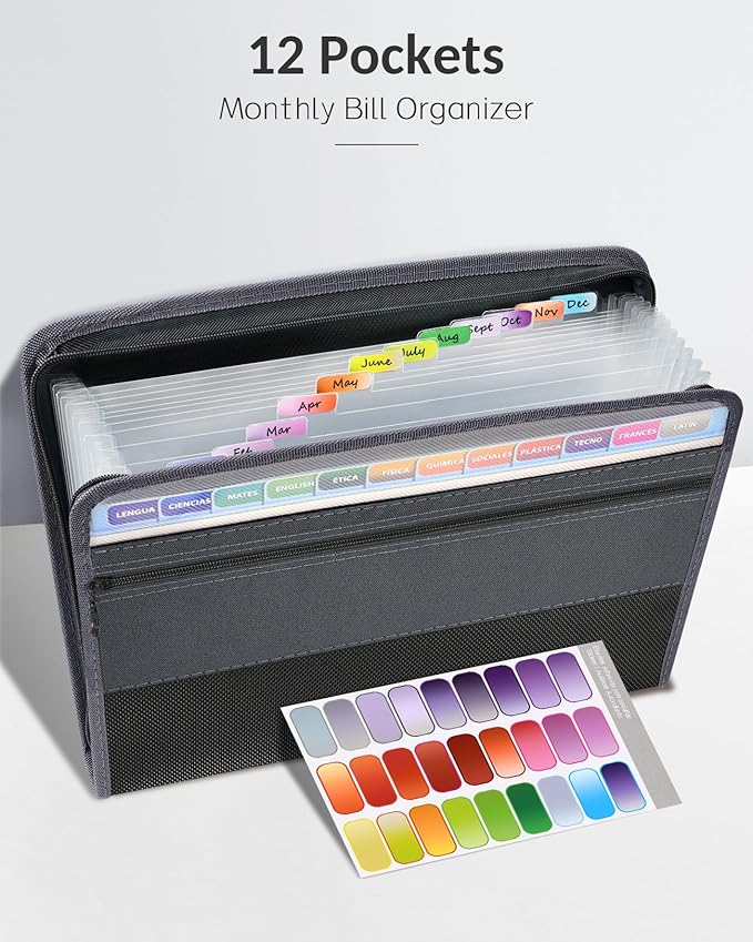Sooez Accordion File Organizer with Safe Zipper, 12 Pocket Expanding File Folder with Front Pencil Pouch, Portable Monthly Paper Bill Tax Receipt Organizer, School Office Supplies, Letter Size, White