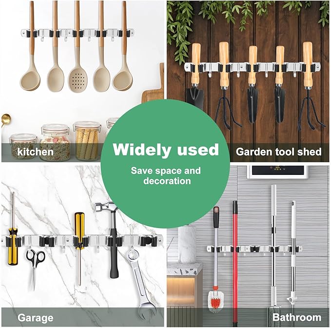 3 Pack Broom Holder Wall Mount 5 Racks 4 Hooks Stainless Steel Broom Mop Holder Anti Slip Storage Rack Strong Load Bearing Waterproof Broom and Mop Organizer Wall Hanging for Bathroom Kitchen Garage