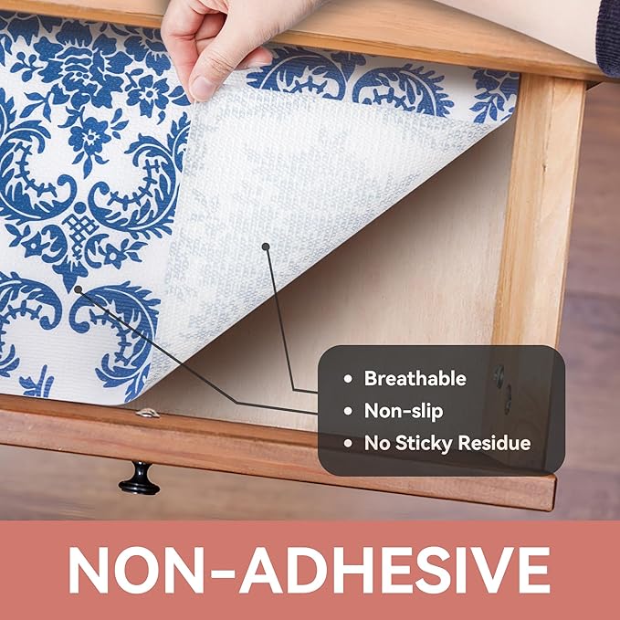 RAY STAR Shelf Liner, Non Adhesive Vintage Navy Blue Floral Kitchen Cabinet Liner for Pantry Drawer Vanity, Strong Grip Non Slip, Shelf Liners for Kitchen Cabinets Cupboard 18 Inch x 8 FT (3 Rolls)