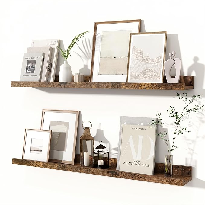 Fun Memories Picture Ledge Shelves, Set of 2, 32 Inch Rustic Wall Mounted Floating Shelves with Lip for Home Storage and Decor in Bathroom, Kitchen, Nursery, Bedroom, Living Room, Brown