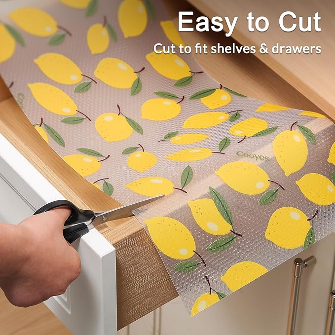 Cooyes Shelf Liner, Non-Adhesive Cabinet Liners for Kitchen Drawers, Shelves, Refrigerator, Pantry Storage, Bathroom Closet, Fridge, Durable Waterproof EVA Mats(17.5" W x 197" L, Yellow Lemon)