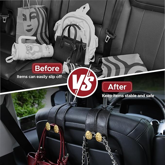 URIZZD 4 PCS Leather Car Seat Hooks for Headrest, Vehicle Hanger Storage Organizer Universal for Handbag Purse, Car Accessories Gift (Black-Gold-4 PCS)