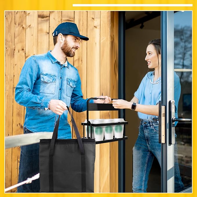 Reusable 6 Cup Drink Carrier with Handle and Insulated Bag for Hot and Cold Drink/Food, Foldable Plastic Cup Holder and Large Capacity Insulated Food Bag for Travel and Delivery