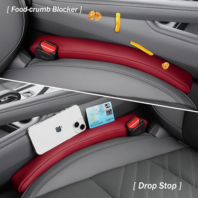 POKSRI Car Seat Gap Filler, 2 Pack Leather Gap Organizers Stop Things from Dropping into The Gap Between Seat and Console, Adjustable Width 1.4-2.4 Inches Fits Most Car/Truck/SUV, Accessories (Wine)