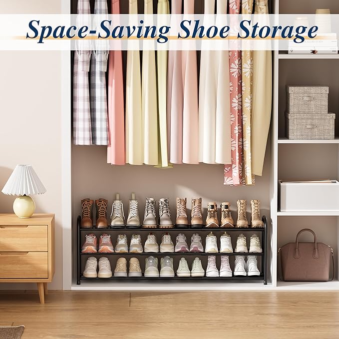 ENJOYBASICS Expandable Shoe Rack, 46.5'' Wide - 20 Pairs Adjustable Shoe Organizer Shelf for Closet, 3-Tier Black Metal Free Standing Shoe Rack Storage for Small Space, Entryway