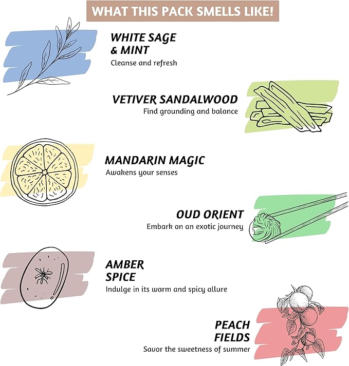 Folkulture Incense Sticks | Set of 6 (120 Non Toxic Insence-Sticks) with 45 Mins Burn Time | White Sage, Sandalwood, Oud Orient, Amber Space, Peach Fields | Organic Inscents-Stick Gift for Her