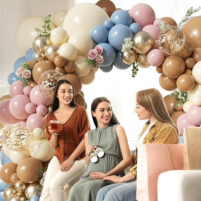 Woaipati 148-Piece Dusty Pink Blue Brown Yellow Balloon Arch Garland Kit, Retro Pink Dusty Blue Brown Pastel Yellow Gold Confetti Balloons for Baby Shower Wedding Engagement Birthday Party Decorations