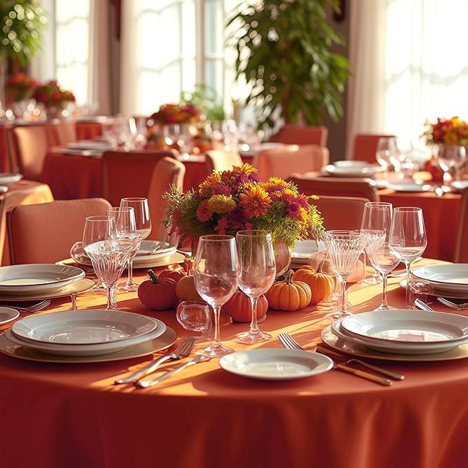 sancua Thanksgiving Round Tablecloth 120 Inch Diameter, 8 Pack Rust Circle Polyester Fabric Fall Table Cloth for Holiday Party Reception Washable Burnt Orange Table Cover (Fit 48-96 Inch Tables)