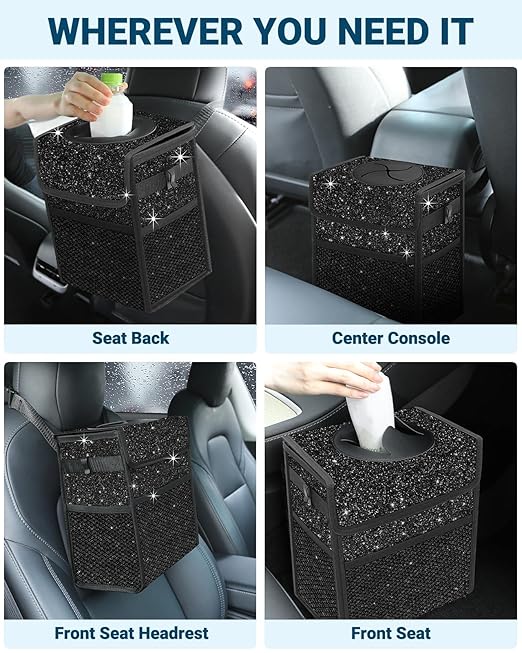 Capolo Car Trash Can with Lid, Leakproof Car Trash Bag Hanging Waterproof Automotive Garbage Can with Storage Pockets Mini Vehicle Trash Bin for Back/Front Seat (Sparkly Black, 3 Gallon)