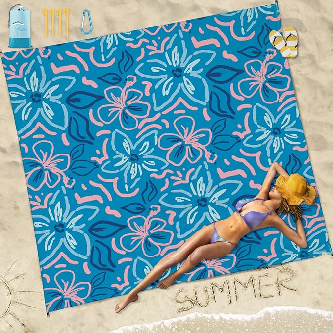 Famstar Beach Blanket Sandproof Waterproof 78''×81''1-5 Adults Oversized,Compact Lightweight Durable Beach Mat for Travel Camping Hiking Picnic Blanket