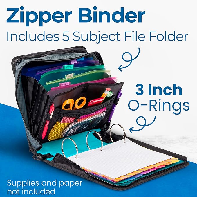 Case-it Mighty Zip Tab School Zipper Binder | 3-Inch O-Rings, 600-Sheet Capacity, 5-Subject Expanding File Folder, Multiple Pockets & Storage Organizer, Shoulder Strap | D-146 Spearmint