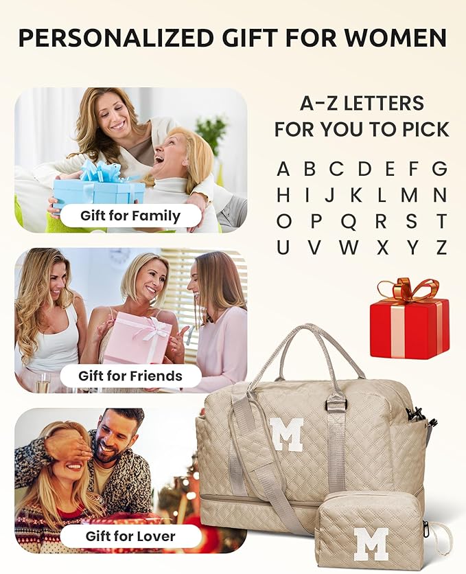 College Girl Gifts-Initial Kids Travel Bags with Shoe Compartment, Personalized Weekender Bag, Monogram Overnight Bag for Women, Travel Bag with Makeup Bag Teacher Gifts (Letter A)