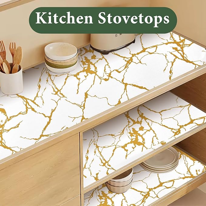 Drawer and Shelf Liner for Kitchen Cabinet, Non-Slip, Waterproof Shelf Paper, 17.5 in X 20 Ft, Non-Adhesive Refrigerator Liners, Gold White Marble, Easy Liners for Bathroom Cupboard