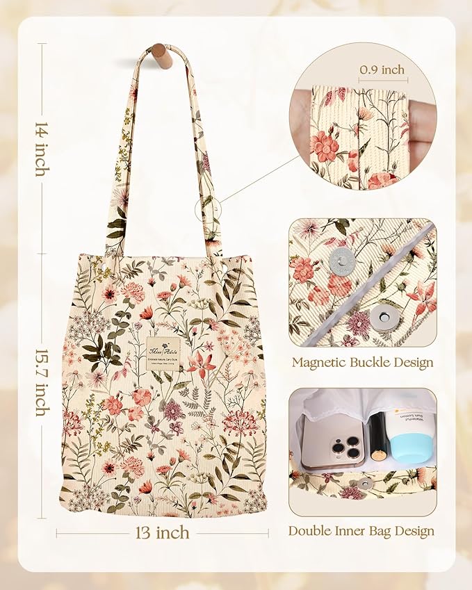 Miss Adola Corduroy Tote Bag for Women - Reusable Totes with Pocket & Buckle Cute Aesthetic Shoulder Bag for Work Travel