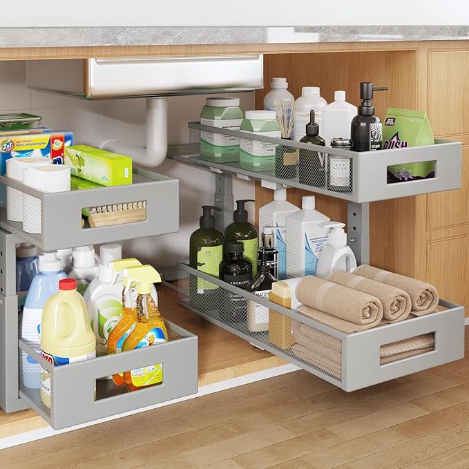2 Packs 19IN Depth Under Sink Organizer, 2-Tier Pull Out Cabinet Organizer With Smooth Circular Rail, Large Capacity Metal Mesh Sliding Drawers For Bathroom& Kitchen Storage, Height Adjustable–Gun Gray