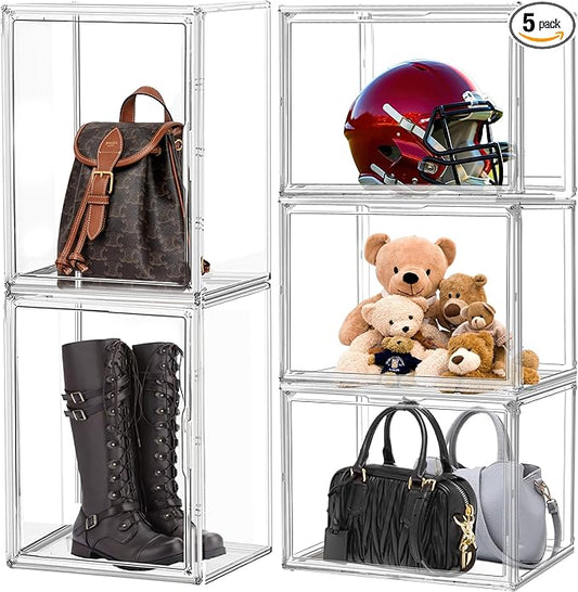 5 Pack XXX-Large Acrylic Display Case 17.7''x13''x13'' Tall Boot Storage Box Handbag Organizer for Closet Clear Boot Organizer Stackable Figure, Collectibles, Helmet Showcase with Magnetic Lid