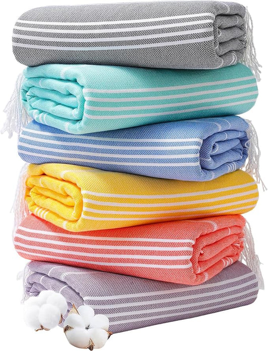 Genovega 6 Oversized Cotton Turkish Beach Bath Towel Set Bulk 74"x38" Extra Large Sand Free Quick Dry Swimming Camping Pool Clearance Towels Blanket Essentials Adult Multi Blue Stripes
