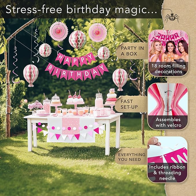 Premium Reusable Happy Birthday Decorations for Women and Girls Pink Party Decorations, Multi-occasion Banner, Pennant Banner, Paper Fans - Party Decor by Itsy Bitsy Party Co