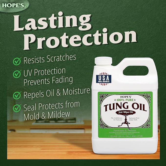 HOPE'S 100% Pure Tung Oil, Food Safe, Premium Waterproof Natural Wood Finish and Sealer for Indoor and Outdoor Projects, 32 Fl Oz, 1 Pack