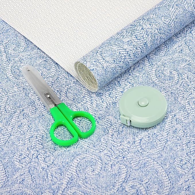 FIFTY FEET 12X120 Inch Shelf Liner with Scissor & Tape Measure for Kitchen Cabinets, PVC Drawer Liner for Dresser Non-Slip Bathroom, Non-Adhesive Cabinet Liner Washable (Pale Blue)