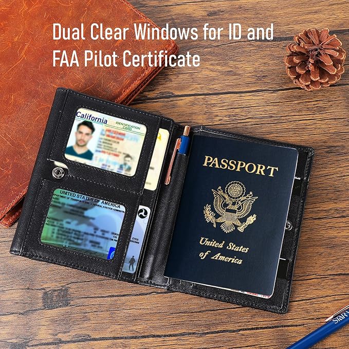 STAR VISTA Pilot Passport Wallet, Calfskin Leather Trifold Travel Documents Organizer, RFID Blocking, Dual ID Windows, Multiple Card Slots, AirTag Slot, Black