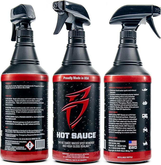 Bling Sauce Hot Sauce Premium Hard Water Spot Remover w/High-Gloss Wax Sealants for Boats, Cars, RVs, Powersport Vehicles, 32 oz.