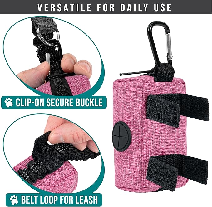 PetAmi Dog Poop Bag Holder for Leash, Dog Treat Pouch Leash, Pet Waste Bag Dispenser with Clip, Doggy Puppy Walking Accessories Supplies with 1 Dog Bag Roll (Pink, 1 Pack)