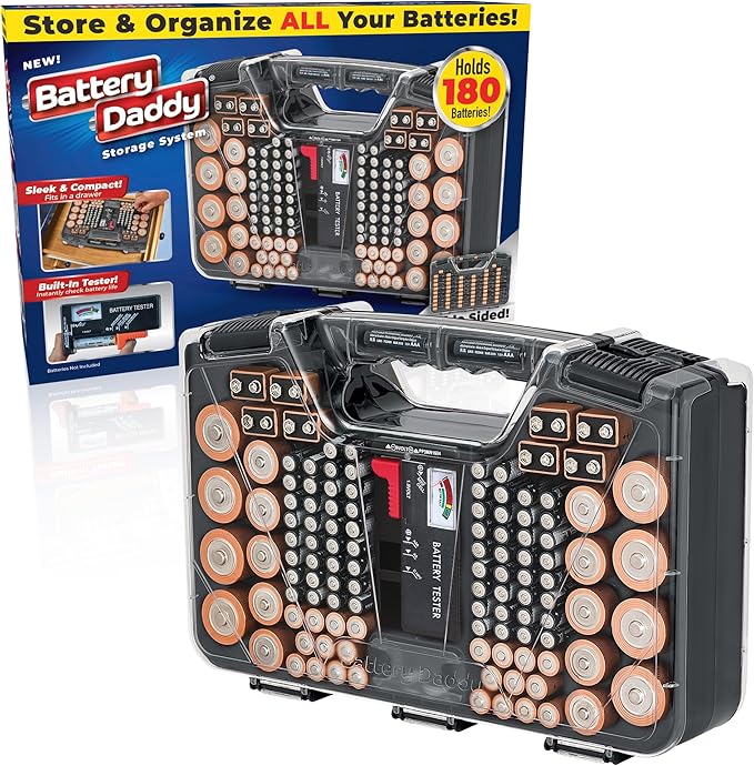 Battery Daddy Storage & Organizer Case w/Tester, Stores & Protects Up to 180 Batteries, Double-Sided, Clear Locking Lid, Secure Latches & Portable Carrying Handle - Charcoal (Batteries Not Included)