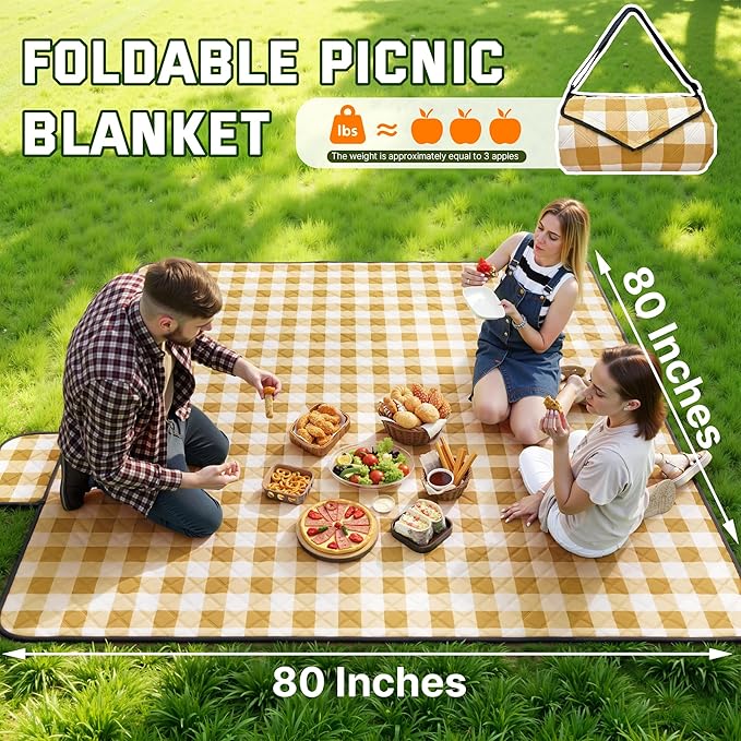 TigeJoy Extra Large Picnic Blanket Waterproof Foldable 60''x80'', Outdoor Picnic Mat Beach Blanket Sandproof for Park, Grass, Travel, Hiking, Camping Essentials, Gingham Picnic Blanket