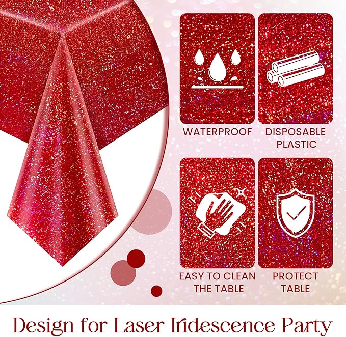 Sparkling Holographic Laser Tablecloth - Shimmering, Waterproof, Easy to Clean - Ideal for Bachelorette, Birthday, Wedding, and Anniversary Party Decorations (Dark Blue & Red & Silver, 3)