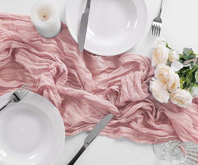 Bailarina 25 Pack Cheesecloth Table Runner 17x108 Inch Long Gauze Cheese Cloth 9ft Wrinkled Sheer Table Runner for Wedding Reception Birthday Party Table Decoration (Dusty Pink)