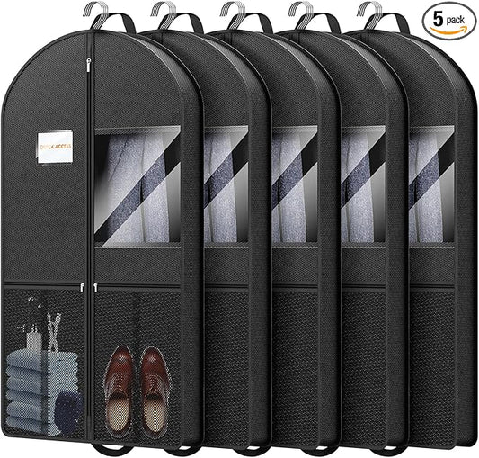 Travel Garment Bag Suits Clothes : 43 Inch 5 Packs Lightweight Breathable Zippered Black Fabric - Clothes Carry Short Men - Wardrobe Carry Coat Jacket Uniform Tuxedo Shirt