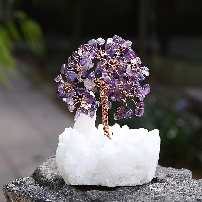 Amethyst Crystal Tree of Life with White Aura Base – Gemstone Tree for Shelf & Home Bedroom Decor – Crystals and Healing Stones, Cute Purple Birthday Gifts & Housewarming Gifts for Women Mom Sister