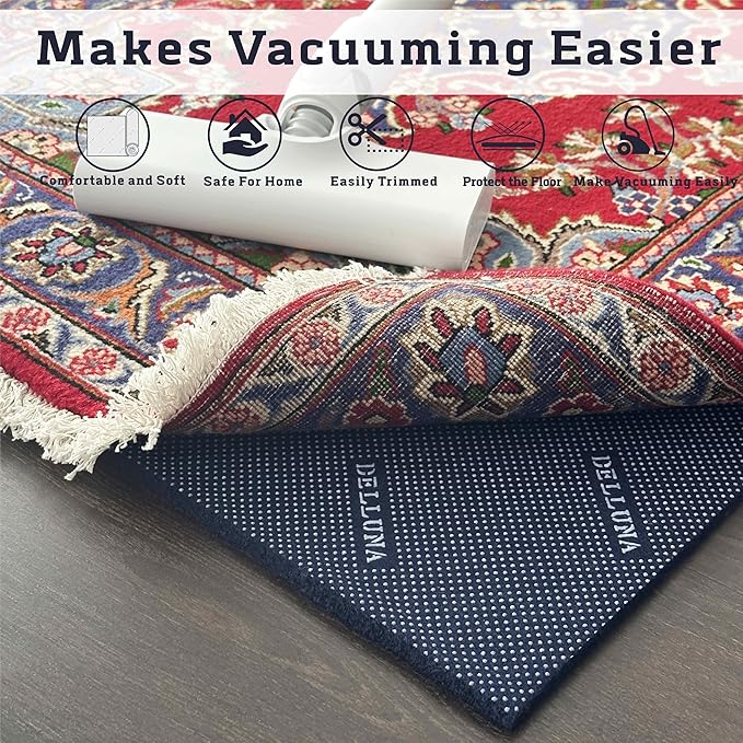 DELLUNA Non-Slip Area Rug Pad 1/8" Thick Double Side Rubber + Felt, 2'x3' Premium Deluxe Cushioned- Safe for All Floors, Adds Comfort and Protection, Ultra Strong Grip, Stop Rug from Moving.
