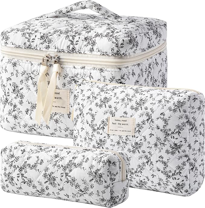 HBselect Quilted Makeup Bag, 3PCS Cotton Large Travel Makeup Bag, Cute Floral Coquette Makeup Bag Cosmetic Bag Toiletry Bag for Women Girls