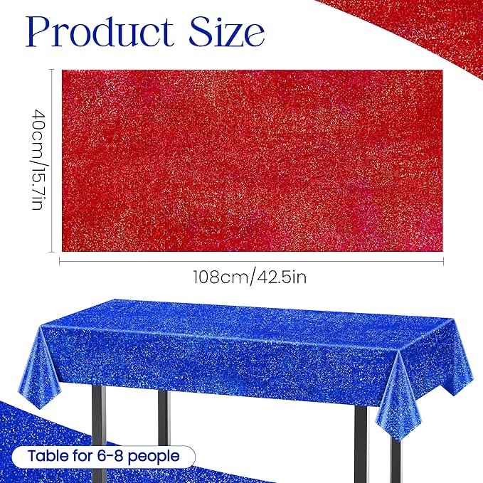 Sparkling Holographic Laser Tablecloth - Shimmering, Waterproof, Easy to Clean - Ideal for Bachelorette, Birthday, Wedding, and Anniversary Party Decorations (Dark Blue & Red & Silver, 3)