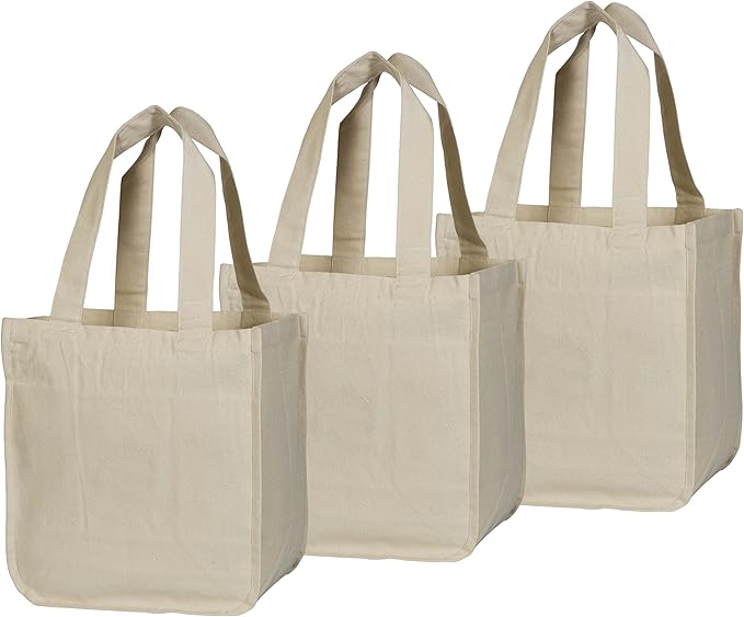 Best Canvas Grocery Shopping Bags with Bottle Sleeves - Cloth Tote Shopping Bags Heavy duty and Premium - Reusable Grocery Tote Bags - Washable & Eco-friendly Wine Bags with Handles (1 Bag)