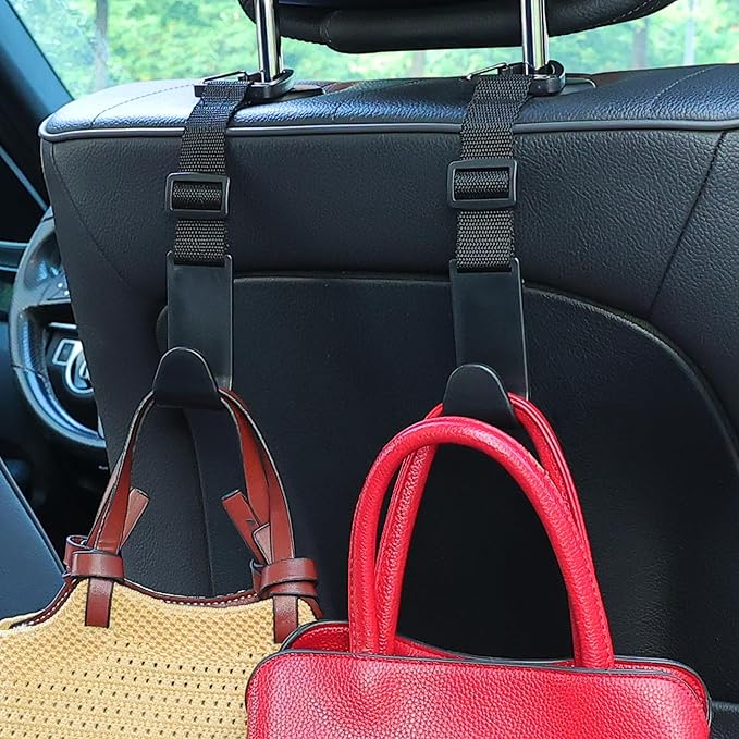 Amooca Headrest Hooks for Car, Adjustable 4 Pack Vehicle Seat Back Organizer Storage Hanger Holder for Purse Bags, Universal Fit with Clip, Black